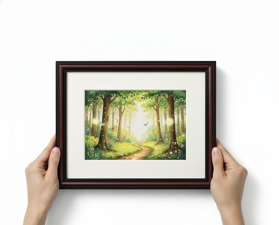 Hands holding Walnut Picture Frame displaying enchanted forest watercolor painting with sunlit dirt pathway winding through lush green oak trees with dappled golden sunlight filtering through canopy colorful wildflowers butterflies and serene magical woodland atmosphere showcasing rich mahogany brown wood grain and traditional 1.25 inch stepped profile moulding for nature watercolor landscape and enchanted forest artwork framing