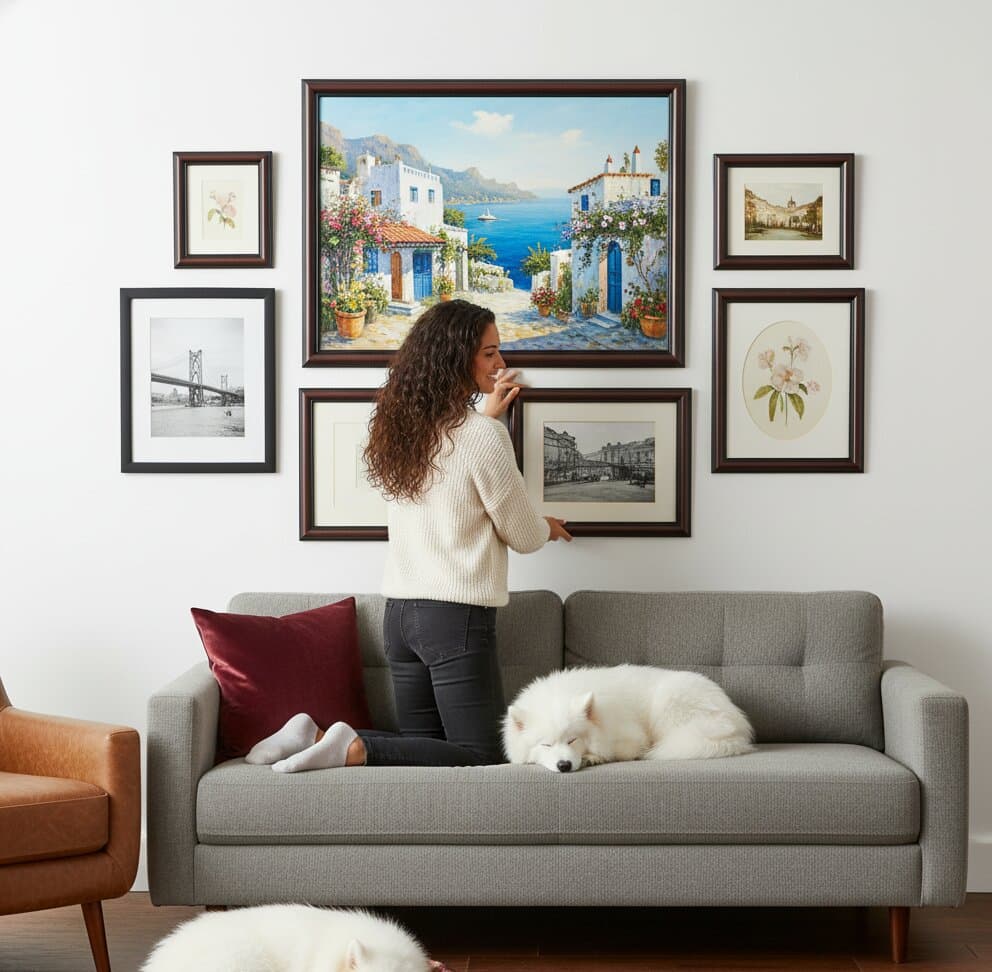 Woman arranging comprehensive mixed finish gallery wall above gray sofa with sleeping white Samoyed dog featuring Walnut Picture Frame and black picture frames with large Mediterranean coastal village oil painting centerpiece showing white stucco buildings terracotta roofs and turquoise Aegean sea surrounded by monochromatic architectural photography and delicate orchid botanical illustrations creating sophisticated travel inspired display demonstrating how traditional mahogany brown Walnut Picture frames with 1.25 inch stepped moulding coordinate beautifully with black frames for eclectic gallery wall arrangements