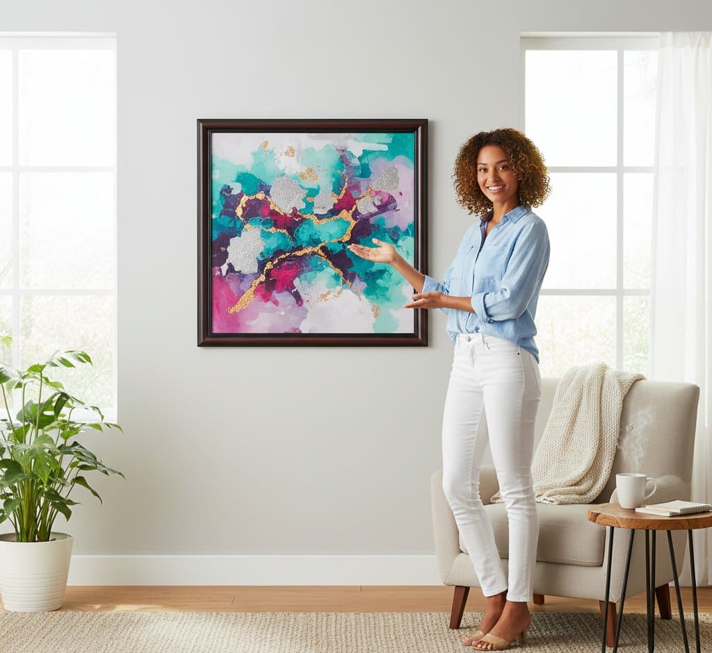 Woman with golden retriever presenting Walnut Picture Frame displaying vibrant psychedelic cat portrait digital art with neon pink magenta turquoise fur flowing coat emerald green eyes surrounded by colorful glowing orbs and tropical botanical foliage while surrounded by mixed traditional and natural wood frames featuring Paris Eiffel Tower photography and watercolor landscapes demonstrating versatile mahogany brown finish and traditional 1.25 inch stepped moulding for contemporary pet portrait and eclectic art collections
