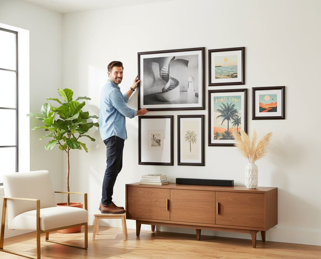 Woman on armchair arranging comprehensive Walnut Picture Frame gallery wall featuring large monochromatic beach seascape photography centerpiece surrounded by minimalist copper orange sun geometric line art including mountain water droplet design floral bloom geometric shapes misty forest evergreen photography creating cohesive nature inspired display demonstrating traditional mahogany brown finish and traditional 1.25 inch stepped profile moulding for mixed media nature photography and geometric art gallery walls