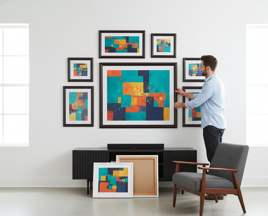 Woman presenting Walnut Picture Frame displaying serene coastal ocean wave oil painting with dynamic turquoise teal navy blue breaking waves white foam crests gradient aqua sky and sandy beach foreground in bright modern living room demonstrating rich mahogany brown finish and traditional 1.25 inch stepped profile moulding for seascape artwork and coastal impressionist painting framing