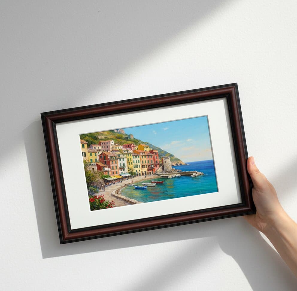 Professional presenting large Walnut Picture Frame displaying vibrant watercolor abstract painting with explosive organic flowing teal turquoise navy blue golden yellow orange peach brushstrokes and dramatic ink splatter marks creating energetic fluid composition with natural window light showcasing refined mahogany brown wood grain texture and traditional 1.25 inch stepped profile moulding for contemporary watercolor abstract and expressive modern art framing