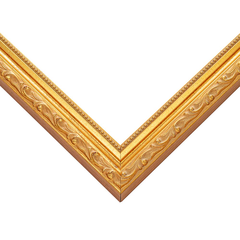 Gold Picture Frame corner detail showing ornate acanthus leaf scrollwork with rich gold finish and decorative beading in 1.125 inch profile