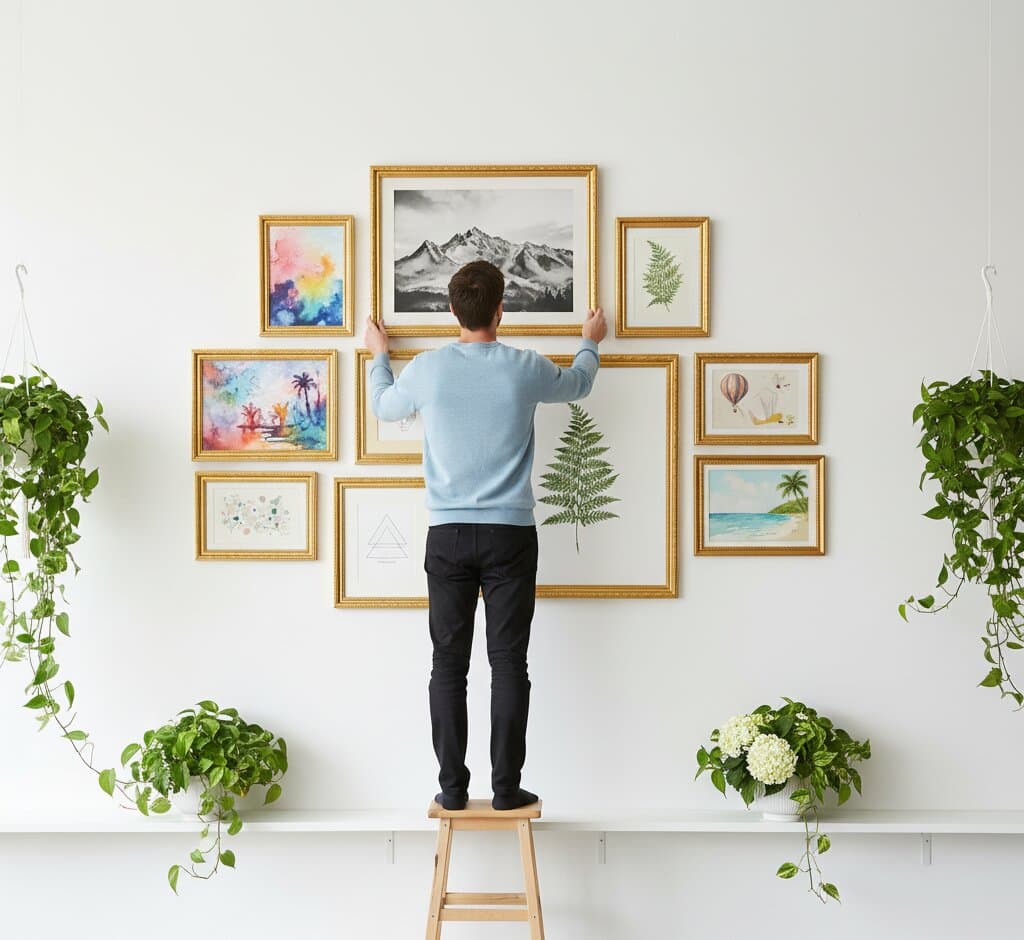 Man on wooden stool arranging comprehensive Gold Picture Frame gallery wall featuring large black and white mountain landscape centerpiece with dramatic peaks and cloudy sky surrounded by colorful watercolor tropical beach scene fern botanical prints geometric abstract art and hot air balloon illustration with cascading pothos plants demonstrating versatility of museum-quality ornate gold moulding with 1.125 inch stepped profile hand-carved acanthus leaf scrollwork and delicate beading for mixed media botanical and landscape gallery wall displays
