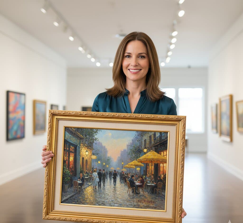 Professional art gallery curator in contemporary white gallery space presenting large Gold Picture Frame displaying romantic Parisian evening street scene oil painting with glowing gas lamps wet cobblestones outdoor cafe with yellow umbrellas strolling couples and blue dusk atmosphere with abstract modern art visible in background demonstrating exquisite museum-quality ornate gold finish with traditional 1.125 inch stepped profile hand-carved acanthus leaf scrollwork and delicate beading for impressionist Parisian art romantic cityscape and European travel paintings in professional gallery settings