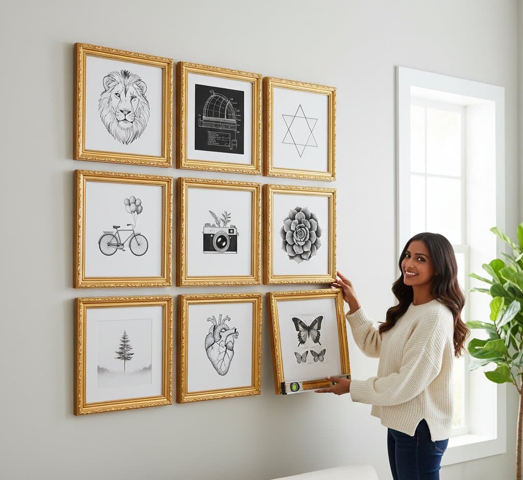 Woman arranging Gold Picture Frame 3x3 grid gallery wall featuring minimalist black and white line art collection including lion portrait technical architectural dome drawing Star of David geometry bicycle with balloons vintage camera with foliage succulent and anatomical heart with butterfly creating unified modern display demonstrating museum-quality ornate gold finish with 1.125 inch stepped profile hand-carved acanthus leaf scrollwork and delicate beading for minimalist line art and comprehensive monochromatic gallery walls