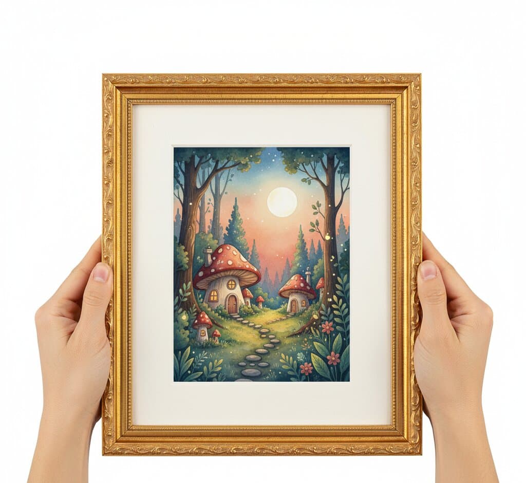 Hands holding Gold Picture Frame displaying whimsical fantasy illustration featuring enchanted red spotted mushroom cottage houses with glowing windows stone pathway through magical forest with evergreen trees fireflies full moon peach gradient sky and lush botanical foliage with white matting demonstrating museum-quality ornate gold finish with 1.125 inch stepped profile hand-carved acanthus leaf scrollwork and delicate beading for children's book illustration fantasy art storybook scenes and whimsical woodland artwork framing