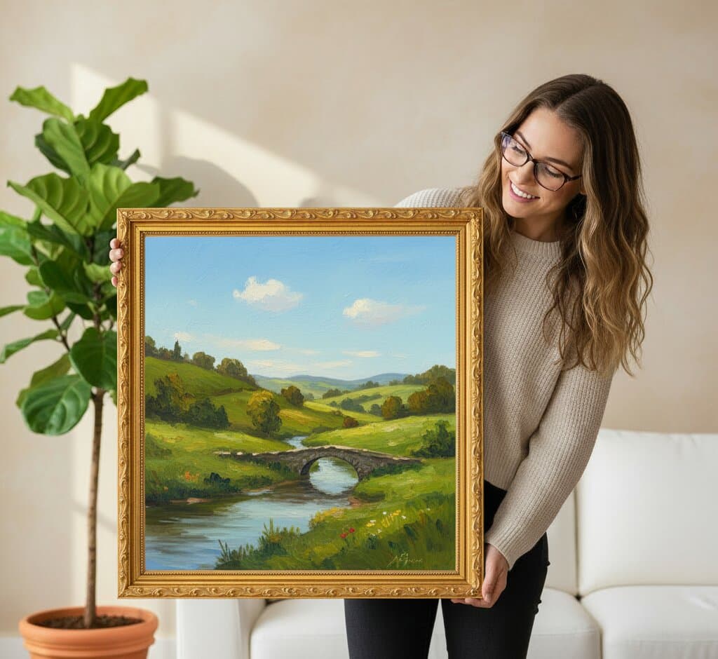 Woman presenting large Gold Picture Frame displaying serene English countryside oil painting with pastoral landscape featuring stone bridge arched over reflective stream lush green rolling hills wildflowers and cloudy blue sky beside fiddle leaf fig plant demonstrating museum-quality ornate gold finish with traditional 1.125 inch stepped profile hand-carved acanthus leaf scrollwork and delicate beading for classical landscape and impressionist countryside artwork framing