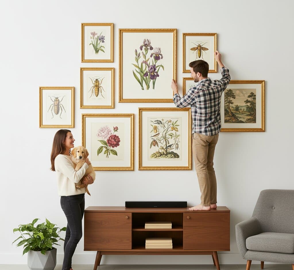 Couple with golden retriever puppy arranging comprehensive Gold Picture Frame TV gallery wall featuring vintage botanical illustrations including purple iris watercolor with scientific labels golden bee specimen moth orange tiger lily peony and comprehensive wildflower botanical prints above mid-century modern walnut media console creating cohesive nature inspired display demonstrating museum-quality ornate gold finish with traditional 1.125 inch stepped profile hand-carved acanthus leaf scrollwork and delicate beading for botanical art and natural history illustration collections