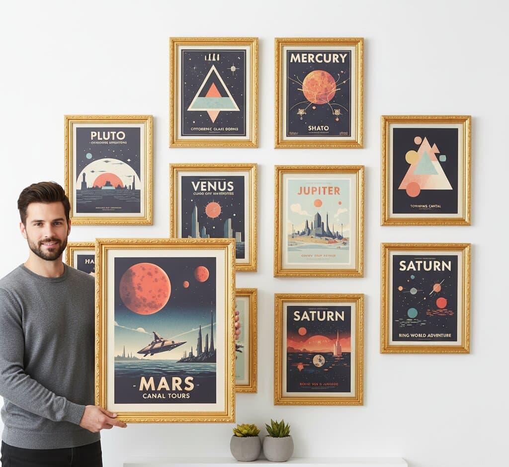 Professional presenting comprehensive Gold Picture Frame vintage space travel poster gallery featuring large Mars Canal Tours centerpiece with red planet spacecraft and futuristic cityscape surrounded by Pluto Venus Mercury Jupiter Saturn geometric designs creating complete mid-century modern astronomy collection demonstrating museum-quality ornate gold finish with 1.125 inch stepped profile hand-carved acanthus leaf scrollwork and delicate beading for retro space age poster and planetary tourism artwork displays