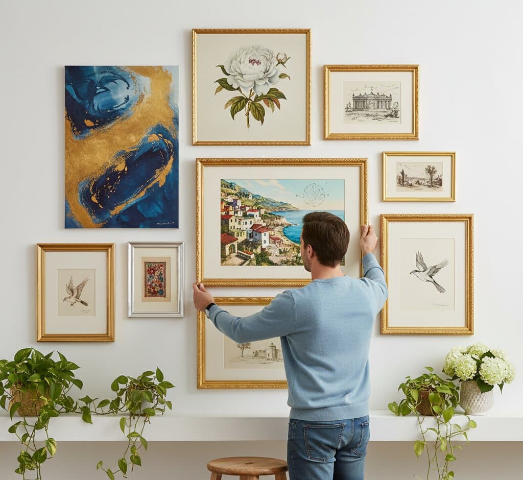 Man arranging comprehensive mixed finish gallery wall featuring Gold Picture Frame ornate frames with Mediterranean coastal village oil painting centerpiece white peony botanical illustration vintage architectural etchings alongside blue and gold abstract geode painting and naturalist bird sketches with cascading pothos plants demonstrating versatility of museum-quality ornate gold moulding with 1.125 inch stepped profile hand-carved acanthus leaf scrollwork and delicate beading coordinating with modern abstract art for eclectic gallery wall displays
