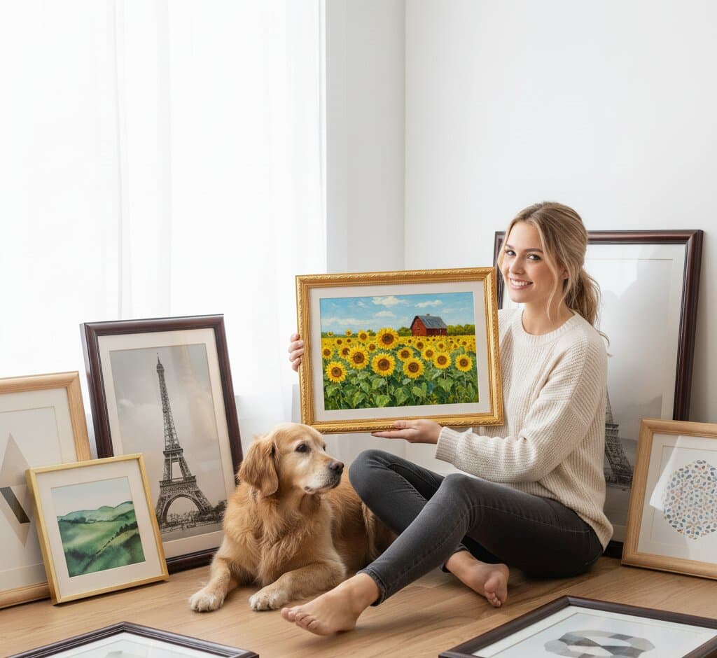 Woman with golden retriever presenting Gold Picture Frame displaying vibrant sunflower field oil painting with yellow blooms blue sky and red barn surrounded by mixed finish frames featuring Paris Eiffel Tower photography watercolor landscapes and decorative botanical prints demonstrating museum-quality ornate gold finish with traditional 1.125 inch stepped profile hand-carved acanthus leaf scrollwork and delicate beading for pastoral landscape and impressionist countryside artwork framing