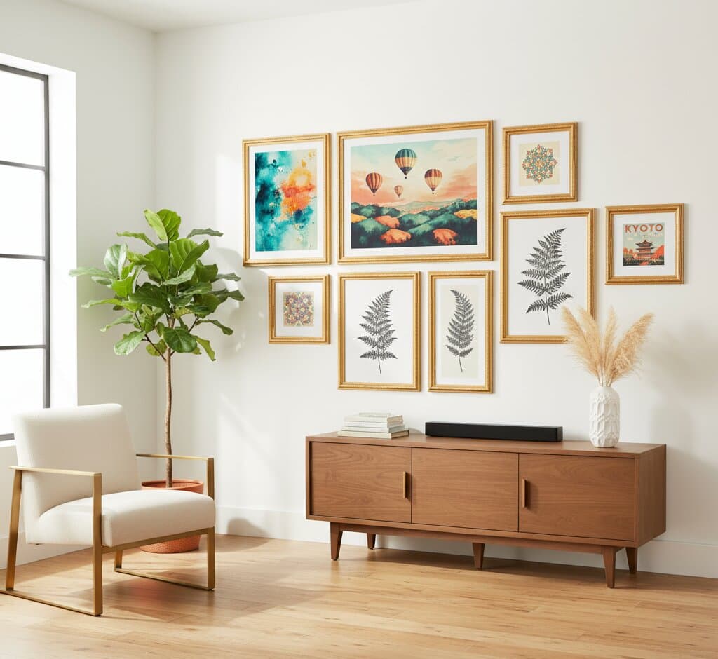Gold Picture Frame nine piece modern gallery wall above mid-century walnut credenza featuring large colorful hot air balloon sunset landscape centerpiece surrounded by abstract watercolor teal orange splashes fern botanical prints Kyoto travel poster and mandala geometric patterns creating balanced contemporary display demonstrating versatility of museum-quality ornate gold moulding with 1.125 inch stepped profile hand-carved acanthus leaf scrollwork and delicate beading for mixed media modern art and travel photography collections