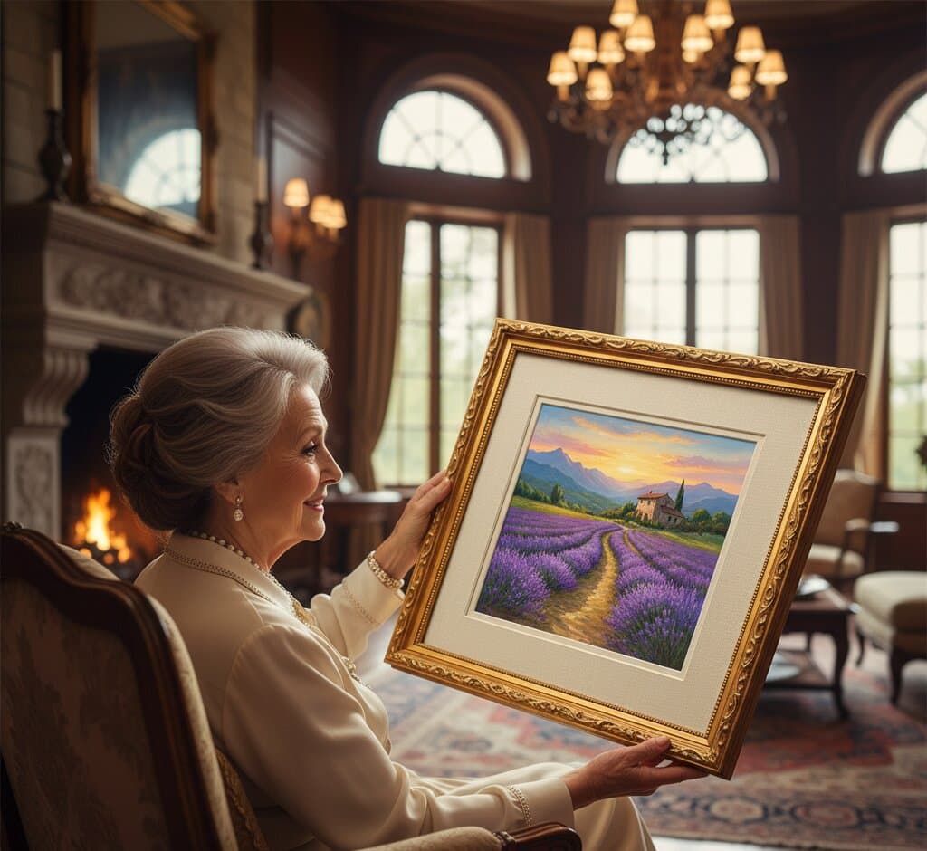 Elegant woman in traditional manor library presenting Gold Picture Frame displaying vibrant Provence lavender field oil painting with purple rows golden pathway stone farmhouse and sunset mountain vista beside fireplace with crystal chandelier and arched windows demonstrating exquisite ornate gold finish with museum-quality 1.125 inch stepped profile hand-carved acanthus leaf moulding and delicate beading for classical landscape and French countryside impressionist artwork framing