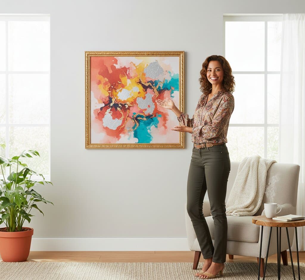 Woman presenting large Gold Picture Frame displaying vibrant textured abstract expressionist painting with explosive coral orange turquoise teal blue palette energetic brushstrokes and dynamic impasto composition in bright contemporary living room demonstrating museum-quality ornate gold finish with 1.125 inch stepped profile hand-carved acanthus leaf scrollwork and delicate beading ideal for contemporary abstract art modern expressionism and bold statement artwork framing
