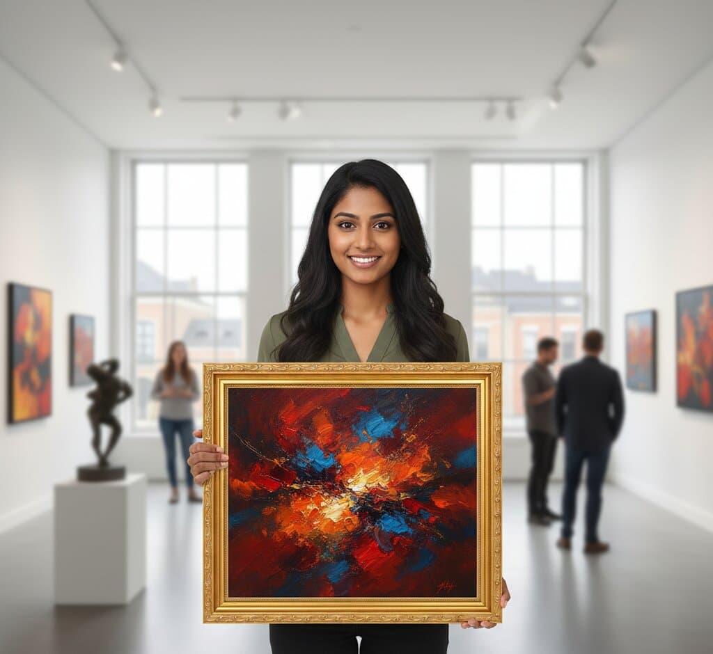 Professional art curator in contemporary gallery presenting Gold Picture Frame displaying bold abstract expressionist painting with explosive deep red crimson orange navy blue palette knife brushstrokes dramatic impasto texture and gestural marks creating powerful composition with gallery visitors and sculpture demonstrating museum-quality ornate gold finish with traditional 1.125 inch stepped profile hand-carved acanthus leaf scrollwork and delicate beading ideal for abstract expressionism and contemporary fine art framing