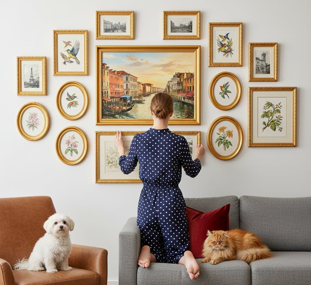 Woman with white Maltese dog and orange Persian cat arranging comprehensive Gold Picture Frame mixed shape gallery wall featuring large Venice Grand Canal oil painting centerpiece with gondolas sunset and historic architecture surrounded by oval and rectangular frames with colorful hummingbird botanical illustrations orchid watercolors vintage Parisian etchings and decorative floral prints creating sophisticated European travel inspired display demonstrating museum-quality ornate gold moulding with traditional 1.125 inch stepped profile hand-carved acanthus leaf scrollwork and delicate beading for mixed frame shape arrangements