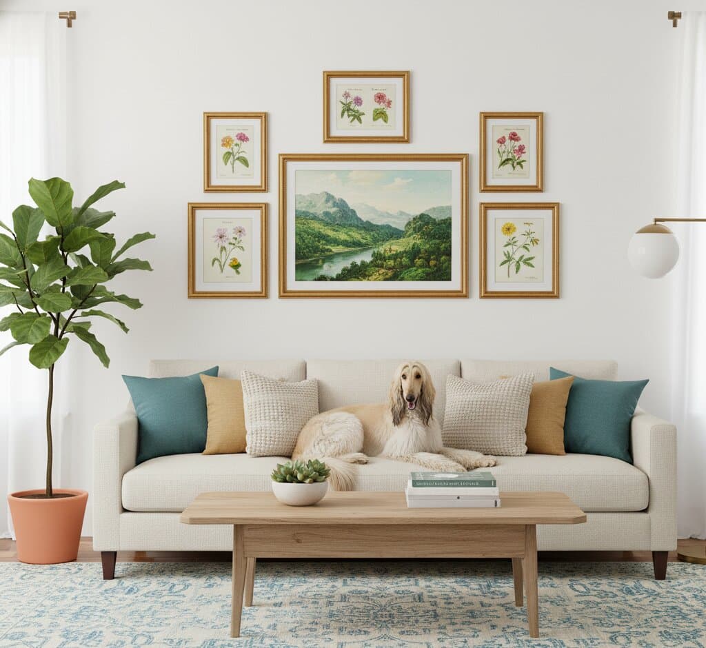 Gold Picture Frame symmetrical seven piece gallery wall above beige linen sofa with Afghan hound featuring large mountain lake landscape oil painting centerpiece with evergreen forests surrounded by vintage botanical zinnia daisy and rose illustrations creating cohesive nature inspired display with teal and golden pillows demonstrating museum-quality ornate gold finish with traditional 1.125 inch stepped profile hand-carved acanthus leaf moulding and delicate beading for symmetrical botanical art and landscape painting arrangements
