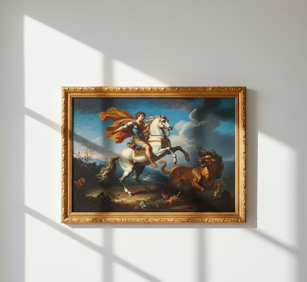 Gold Picture Frame displaying dramatic classical equestrian oil painting featuring warrior in flowing orange cape on rearing white horse battling mythical lion beast with stormy blue sky and baroque composition on textured wall with dramatic window light shadows demonstrating exquisite ornate gold finish with traditional 1.125 inch stepped profile hand-carved acanthus leaf scrollwork and delicate beading ideal for Old Master paintings classical equestrian art and baroque historical artwork framing