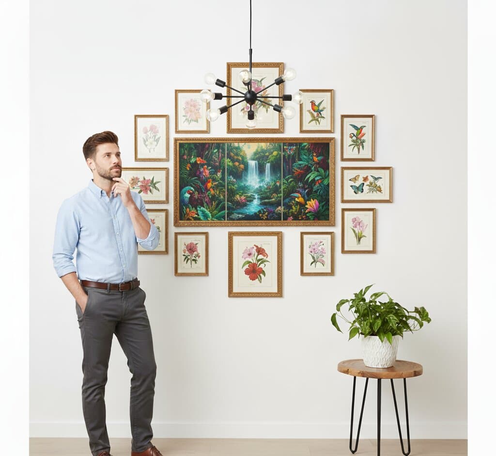 Professional admiring comprehensive Gold Picture Frame gallery wall featuring large tropical jungle waterfall triptych painting centerpiece with lush green foliage vibrant macaw parrots exotic birds and cascading turquoise water surrounded by vintage botanical floral illustrations including orchids amaryllis and decorative wildflowers creating immersive nature display demonstrating museum-quality ornate gold moulding with 1.125 inch stepped profile hand-carved acanthus leaf scrollwork and delicate beading for botanical art and tropical wildlife painting collections