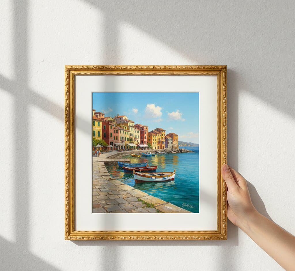 Hand holding Gold Picture Frame displaying vibrant Italian coastal village oil painting with colorful Cinque Terre architecture including pink yellow orange terracotta buildings beside turquoise Mediterranean harbor with traditional fishing boats and mountain backdrop on neutral wall with natural window light shadows showcasing rich ornate gold finish with museum-quality 1.125 inch stepped profile hand-carved acanthus leaf moulding and delicate beading for European travel artwork and Mediterranean coastal landscape framing