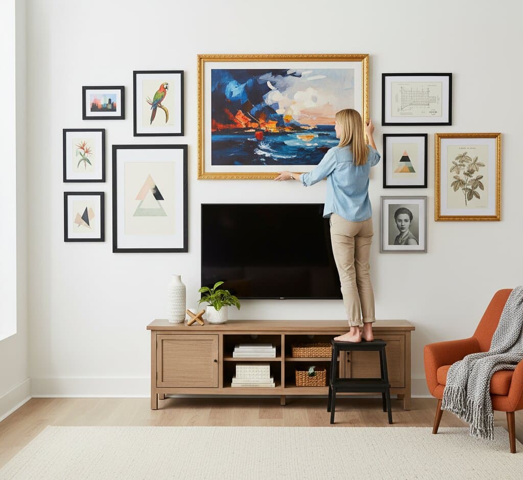 Woman standing on media console arranging comprehensive Gold Picture Frame TV gallery wall featuring large dramatic seascape oil painting centerpiece with stormy blue sky billowing clouds boats and turbulent ocean surrounded by mixed finish frames with parrot bird illustration botanical prints geometric abstract shapes vintage portrait photography and architectural etchings creating eclectic display demonstrating museum-quality ornate gold finish with traditional 1.125 inch stepped profile hand-carved acanthus leaf scrollwork and delicate beading for mixed media TV gallery wall arrangements