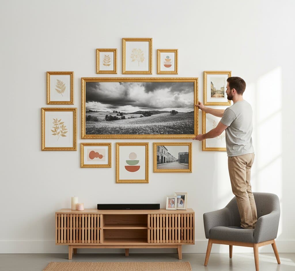 Man on gray chair arranging comprehensive Gold Picture Frame gallery wall featuring large dramatic black and white landscape photography centerpiece with stormy clouds rolling hills surrounded by minimalist botanical fern prints geometric terracotta shapes vintage European architectural street scenes above mid-century modern walnut media console creating cohesive contemporary display demonstrating museum-quality ornate gold finish with traditional 1.125 inch stepped profile hand-carved acanthus leaf scrollwork and delicate beading for comprehensive monochromatic photography and mixed media gallery walls