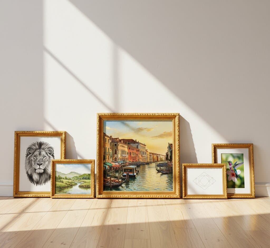 Gold Picture Frame five piece floor display leaning against white wall featuring large Venice Grand Canal oil painting centerpiece with colorful architecture gondolas and sunset beside smaller frames with dramatic black and white lion portrait watercolor landscape geometric mandala and vibrant hummingbird botanical illustration on light wood floor with dramatic window shadows demonstrating museum-quality ornate gold finish with 1.125 inch stepped profile hand-carved acanthus leaf scrollwork and delicate beading for mixed size custom frame displays and European travel artwork