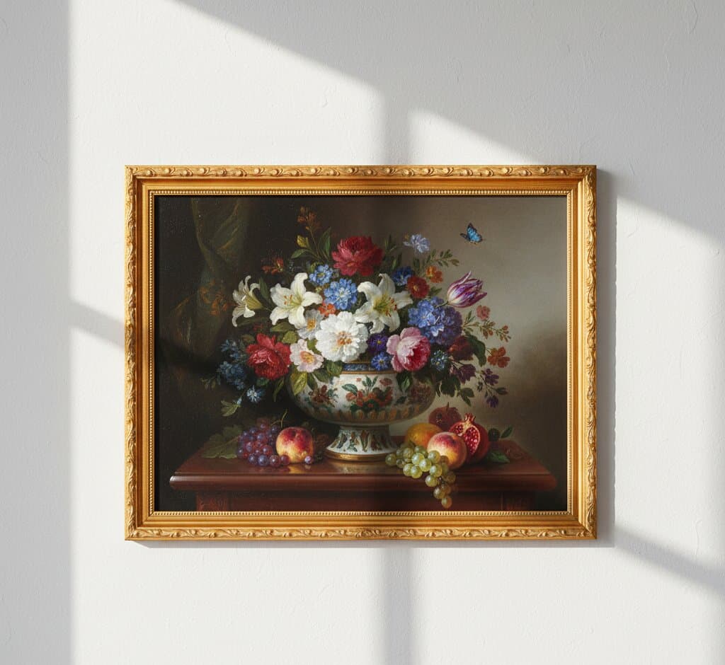 Gold Picture Frame displaying classical Dutch still life oil painting featuring ornate floral arrangement with white lilies red roses pink peonies blue hydrangeas purple tulips in decorative porcelain vase with fresh fruit grapes peaches pomegranate on mahogany table and butterfly detail on textured wall with dramatic natural window light demonstrating exquisite museum-quality ornate gold finish with traditional 1.125 inch stepped profile hand-carved acanthus leaf scrollwork and delicate beading ideal for Old Master still life paintings classical Dutch art and formal botanical artwork framing