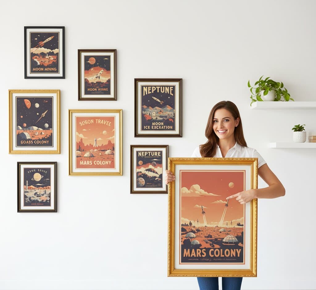 Woman presenting Gold Picture Frame displaying large vintage Mars Colony travel poster with retro orange red planet domed settlement and rockets beside comprehensive mixed finish gallery wall featuring Moon Mining Neptune Ice Excavation Soars Colony and vintage space exploration posters with pothos plant demonstrating versatility of museum-quality ornate gold moulding with 1.125 inch stepped profile hand-carved acanthus leaf scrollwork and delicate beading coordinating with dark finish frames for retro space age poster and mid-century modern astronomy artwork collections