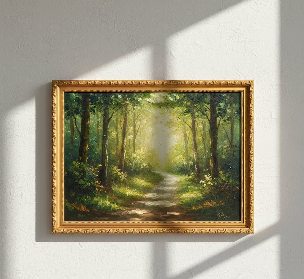 Gold Picture Frame displaying serene forest path landscape oil painting with dramatic sunlight filtering through lush green tree canopy illuminating winding dirt road ferns and foliage on textured gray wall with striking diagonal window light shadows creating atmospheric display demonstrating museum-quality ornate gold finish with traditional 1.125 inch stepped profile hand-carved acanthus leaf scrollwork and delicate beading for classical landscape paintings impressionist nature scenes and woodland forest artwork framing