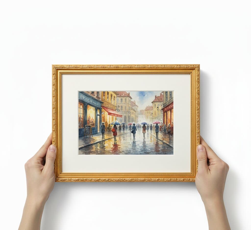 Hands holding Gold Picture Frame displaying charming European rainy street scene watercolor painting with pedestrians carrying colorful umbrellas walking on wet cobblestones past yellow orange and red buildings with glowing cafe windows and blue cloudy sky with white matting demonstrating museum-quality ornate gold finish with 1.125 inch stepped profile hand-carved acanthus leaf scrollwork and delicate beading for European travel watercolors rainy Paris street scenes and impressionist cityscape artwork framing