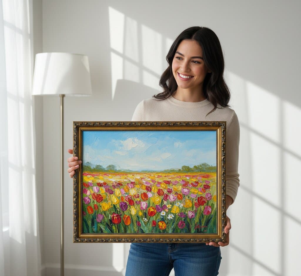Woman presenting Black and Gold Frame displaying vibrant impressionist tulip field oil painting with colorful red yellow pink purple orange tulips in full bloom across pastoral meadow with green trees and blue cloudy sky in bright contemporary living room with natural window light demonstrating museum-quality ornate gold finish with elegant 1.125 inch moulding and refined black decorative scrollwork channel ideal for impressionist floral paintings botanical field art and Dutch tulip garden landscape framing