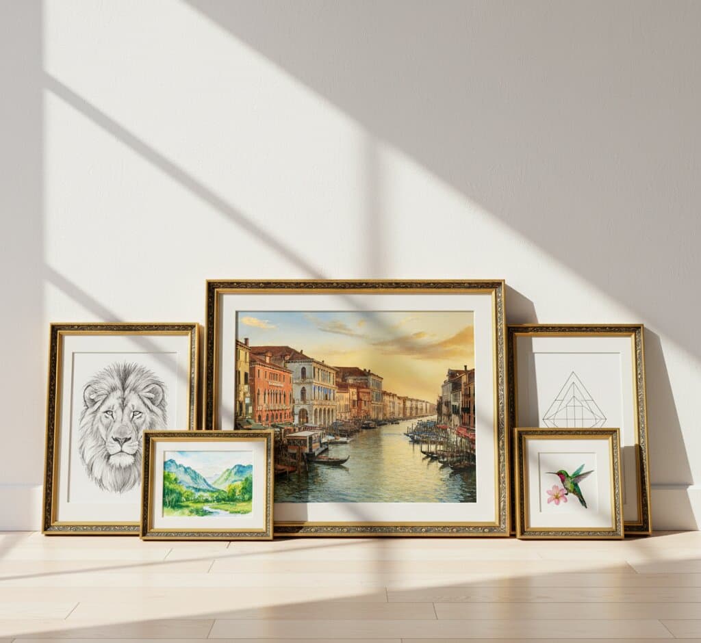 Black and Gold Frame five piece floor display leaning against white wall featuring large romantic Venice Grand Canal oil painting centerpiece with colorful pink yellow orange architecture gondolas and sunset golden hour light beside smaller frames with lion portrait sketch watercolor mountain landscape geometric triangles and hummingbird botanical illustration on light wood floor with dramatic shadows demonstrating museum-quality ornate gold finish with 1.125 inch moulding and refined black accent detailing for mixed size custom frame displays and European travel artwork
