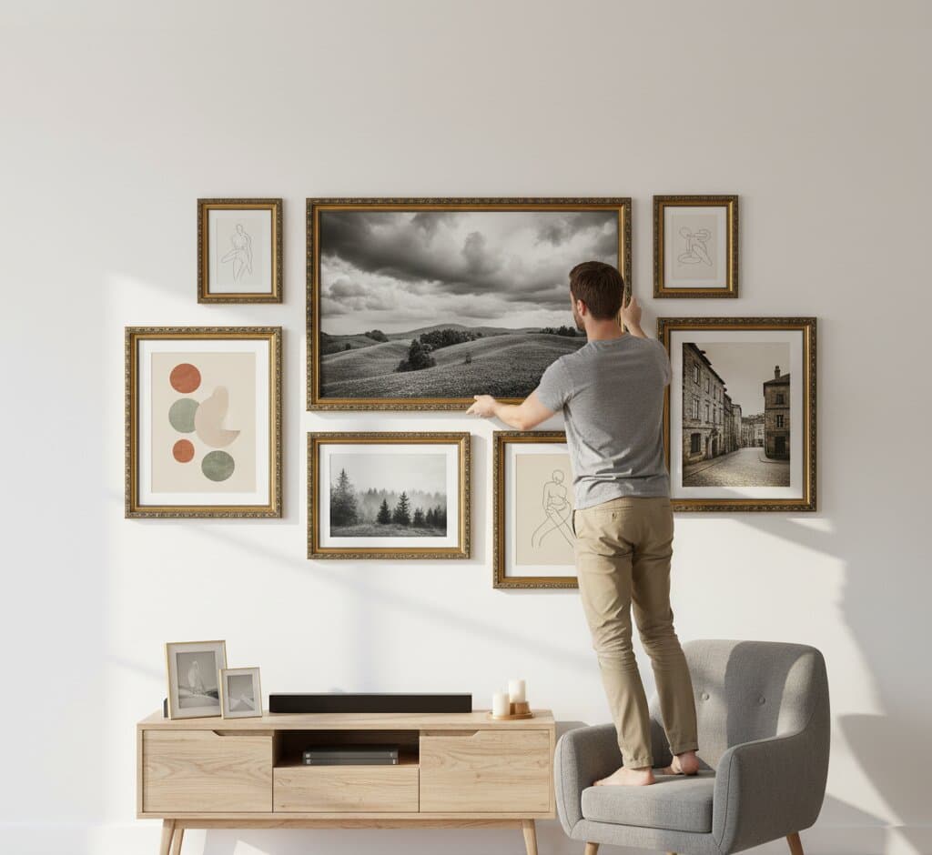 Man arranging comprehensive Black and Gold Frame gallery wall featuring large dramatic black and white countryside landscape photography centerpiece with stormy clouds rolling hills surrounded by minimalist line art figure drawings geometric abstract circles vintage European street photography and misty forest landscape creating cohesive modern display above mid century modern media console demonstrating museum-quality ornate gold finish with elegant 1.125 inch moulding and classical black decorative scrollwork for monochromatic photography and minimalist contemporary art collections