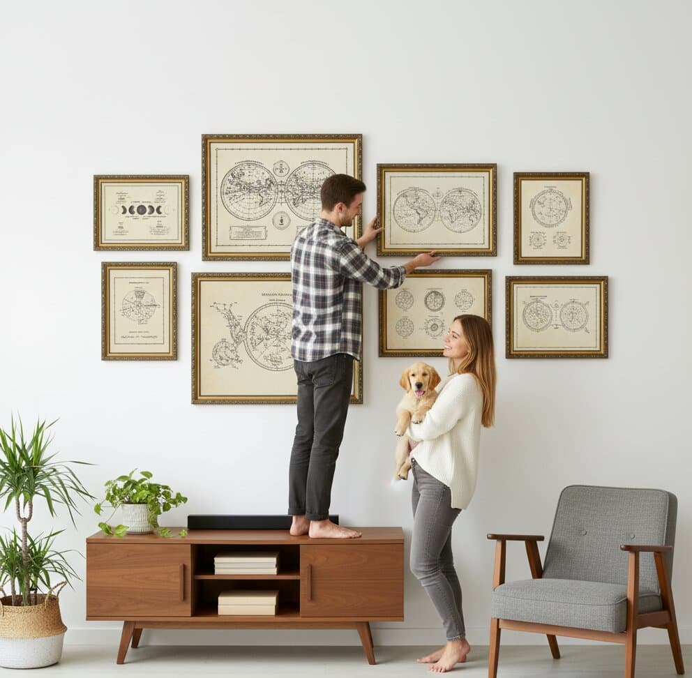 Couple with golden retriever puppy arranging comprehensive Black and Gold Frame astronomical cartography gallery wall featuring large detailed world hemispheres celestial map centerpiece with intricate geographic coordinates surrounded by moon phase diagrams vintage terrestrial globe maps celestial sphere charts and technical astronomical illustrations above mid century walnut media console creating sophisticated scientific display demonstrating museum-quality ornate gold finish with classical 1.125 inch moulding and intricate black accent detailing for antique map and astronomical chart collections