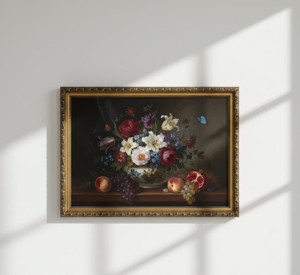 Black and Gold Frame displaying classical Dutch still life oil painting featuring ornate floral arrangement with deep red crimson roses white cream peonies purple tulips blue forget me nots in decorative ceramic vase with fresh fruit peaches pomegranate grapes on mahogany table and butterfly detail on textured wall with dramatic natural window light demonstrating exquisite ornate gold finish with museum-quality 1.125 inch moulding and elegant black decorative scrollwork for Old Master still life paintings classical Dutch floral art and formal botanical artwork framing
