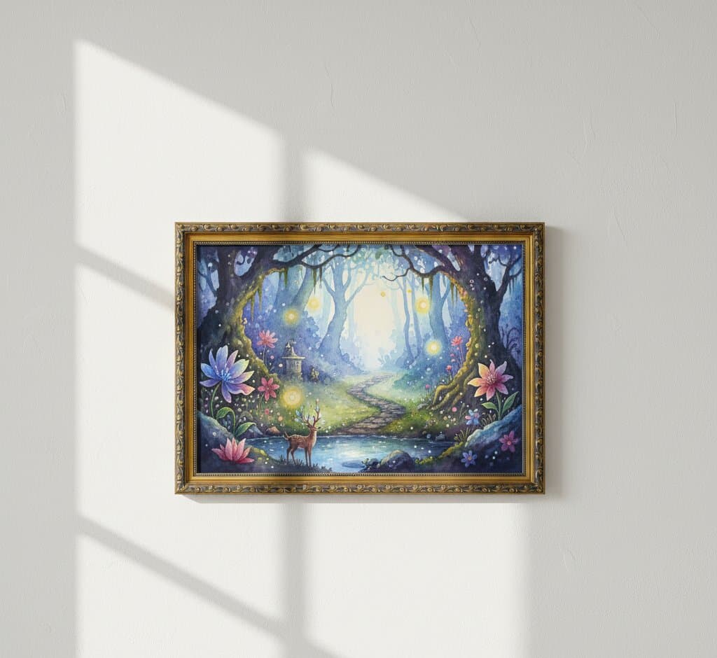 Black and Gold Frame displaying whimsical enchanted forest fantasy watercolor painting featuring magical woodland path with deer standing in blue stream glowing fireflies lantern lights winding through silver birch trees toward golden light clearing with oversized pink purple flowers and mystical atmosphere on neutral wall with dramatic window shadows demonstrating museum-quality ornate gold finish with elegant 1.125 inch moulding and refined black accent detailing for fantasy art enchanted forest illustrations and magical woodland artwork framing