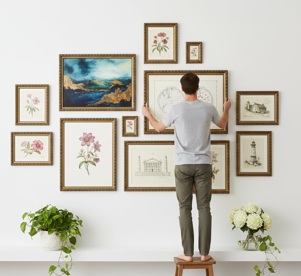 Man arranging comprehensive Black and Gold Frame gallery wall featuring large dramatic blue mountain landscape watercolor painting centerpiece with gold leaf accents surrounded by mixed size frames with vintage world map celestial charts Marrakesh travel poster colorful butterfly illustrations hot air balloon prints and black and white snow photography above modern console with potted plants demonstrating museum-quality ornate gold finish with 1.125 inch moulding and elegant black decorative scrollwork channel for eclectic mixed media and travel inspired gallery walls