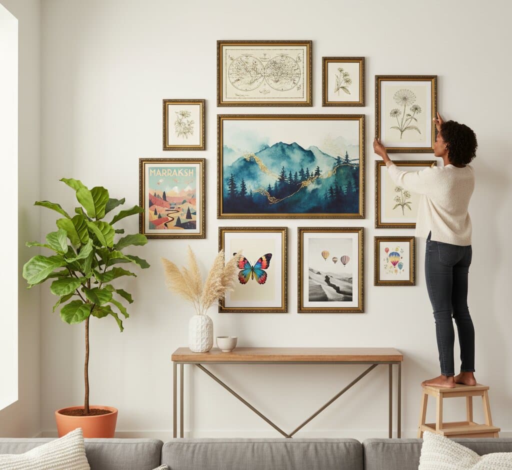 Man arranging comprehensive Black and Gold Frame gallery wall featuring large blue abstract watercolor mountain landscape gold leaf painting centerpiece surrounded by vintage botanical flower illustrations celestial world map charts classical architectural etchings and mixed nature art with hydrangea flowers above modern console table demonstrating versatility of museum-quality ornate gold finish with classical 1.125 inch moulding and intricate black accent detailing for sophisticated botanical and cartography collections