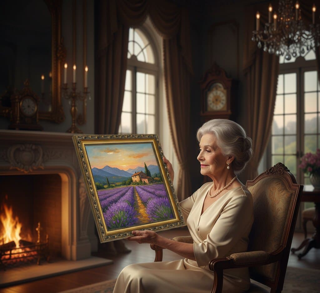Elegant senior woman in traditional manor library presenting Black and Gold Frame displaying vibrant Provence lavender field oil painting with purple rows golden pathway stone farmhouse and sunset mountain vista beside fireplace with crystal chandelier and arched windows demonstrating exquisite ornate gold finish with museum-quality 1.125 inch moulding and refined black decorative scrollwork channel for classical landscape and French countryside impressionist artwork framing