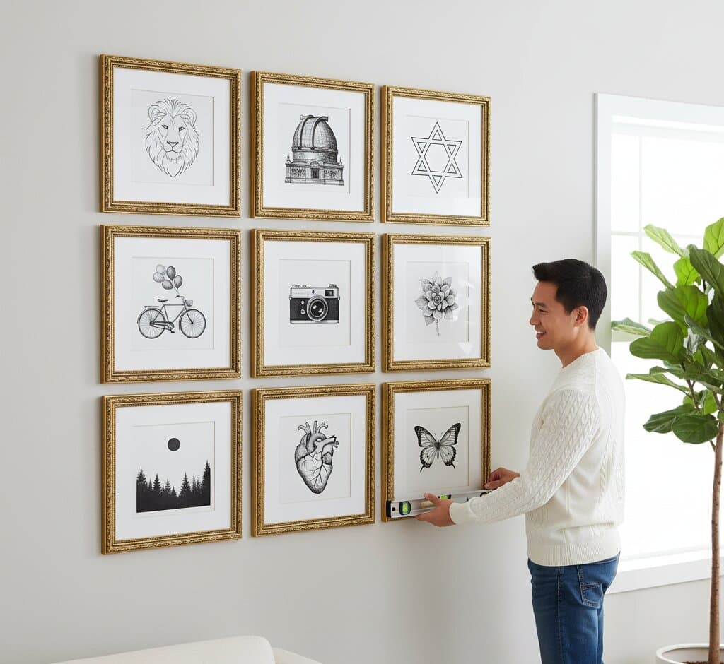 Man arranging Black and Gold Frame 3x3 grid gallery wall featuring minimalist black and white line art collection including lion portrait technical architectural dome drawing Star of David geometry bicycle with balloons vintage camera with foliage succulent forest treeline and anatomical heart with butterfly creating unified modern display demonstrating museum-quality ornate gold finish with elegant 1.125 inch moulding and classical black accent detailing for minimalist line art and comprehensive monochromatic gallery walls
