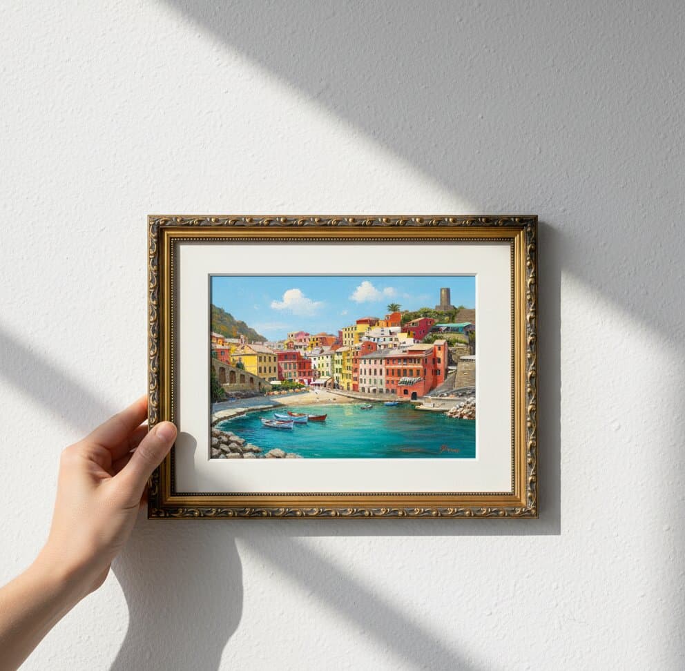 Hand holding Black and Gold Frame displaying vibrant Italian Cinque Terre coastal village oil painting with colorful pink yellow orange architecture turquoise Mediterranean harbor traditional fishing boats and mountain backdrop with white matting on neutral wall with natural window light shadows showcasing rich ornate gold finish with museum-quality 1.125 inch moulding and elegant black decorative scrollwork channel for European travel artwork and Mediterranean coastal landscape framing
