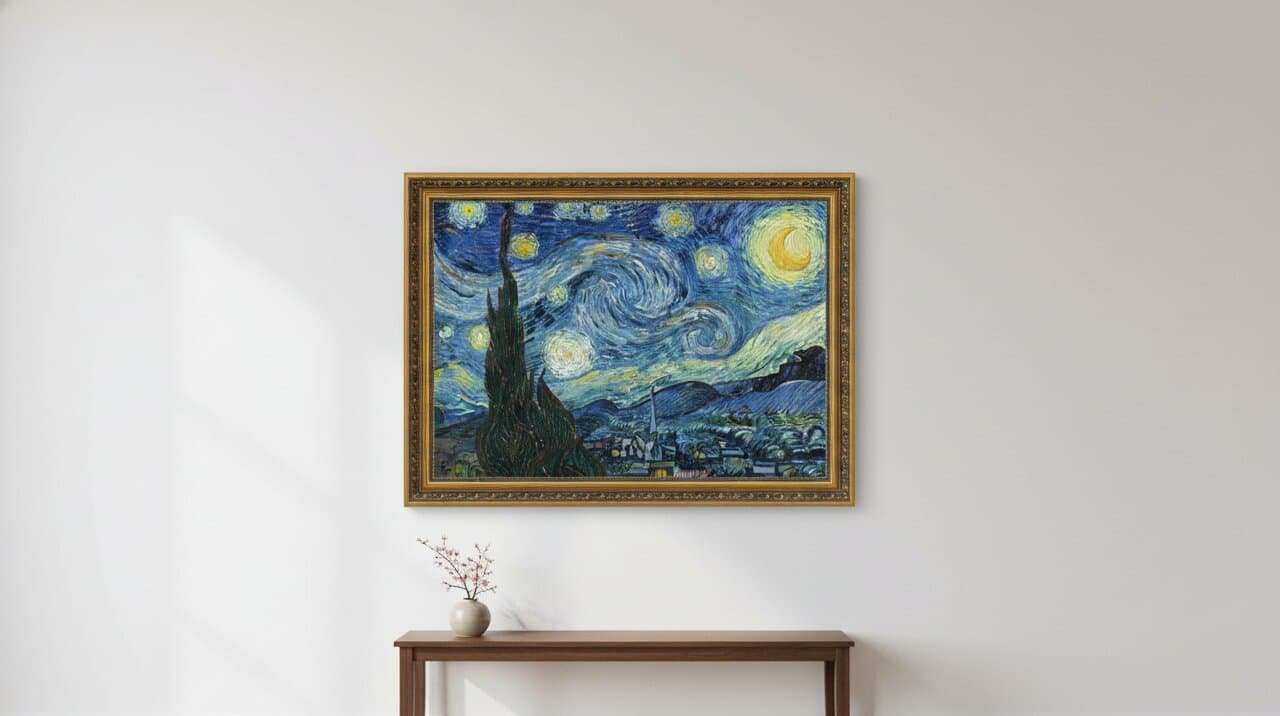 Black and Gold Frame displaying iconic Starry Night inspired oil painting with swirling blue night sky golden stars crescent moon cypress tree and village below on neutral wall with dramatic window light shadows above wooden console table with minimalist décor demonstrating exquisite ornate gold finish with museum-quality 1.125 inch moulding and elegant black accent detailing for post impressionist artwork Van Gogh inspired paintings and classical masterpiece reproduction framing