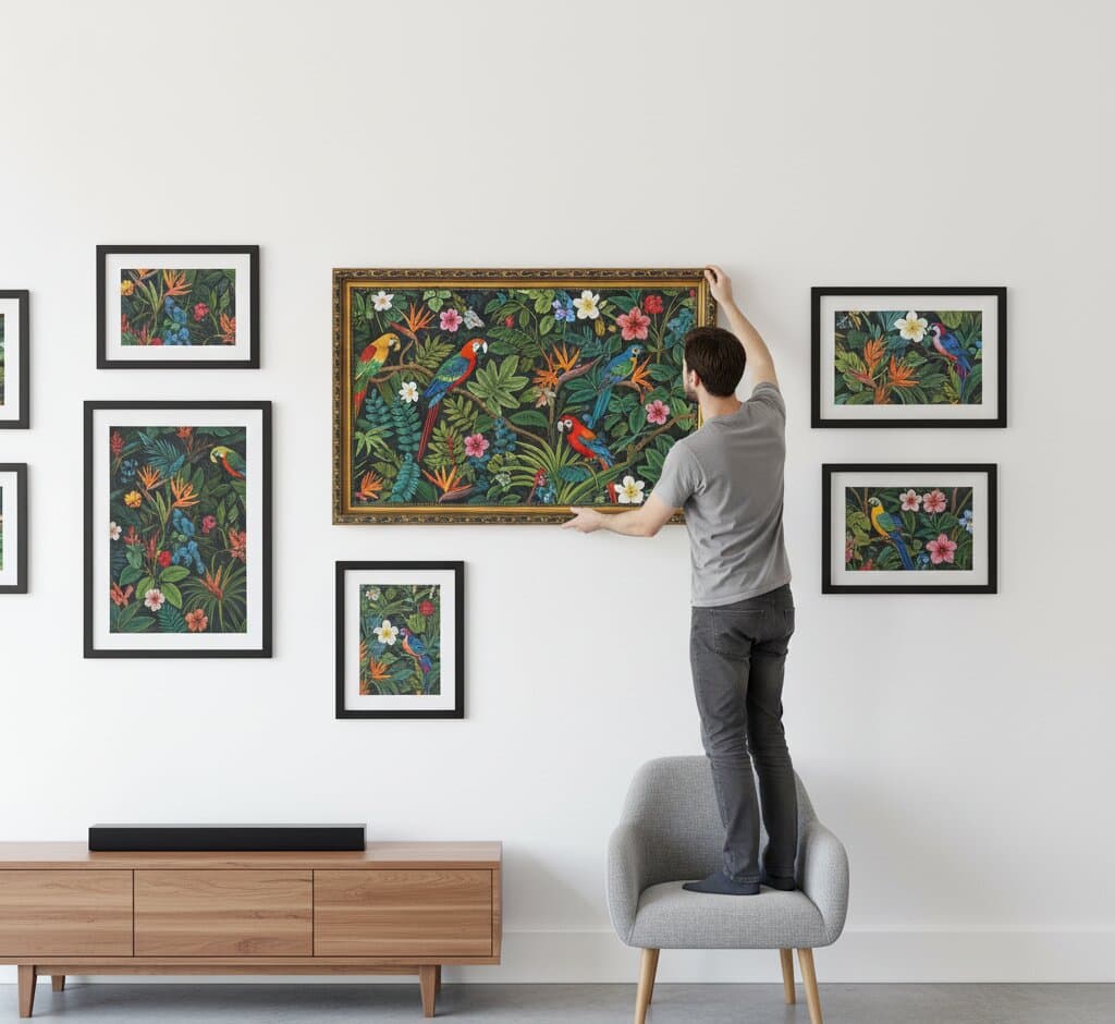 Man standing on gray chair arranging comprehensive Black and Gold Frame gallery wall featuring vibrant tropical jungle parrot botanical illustration collection with scarlet macaws blue and yellow macaws green parrots colorful plumage palm fronds exotic flowers and lush foliage creating cohesive nature display above modern media console demonstrating museum-quality ornate gold finish with classical 1.125 inch moulding and intricate black accent detailing coordinated across multiple frames for botanical art and tropical bird illustration collections