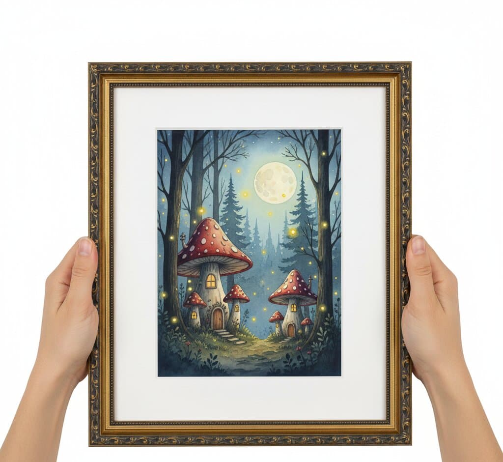 Hands holding Black and Gold Frame displaying whimsical fantasy illustration featuring enchanted red spotted mushroom cottage village with glowing windows stone pathway through magical forest with evergreen trees fireflies full moon blue gradient dusk sky and lush botanical foliage with white matting demonstrating museum-quality ornate gold finish with elegant 1.125 inch moulding and refined black decorative scrollwork channel for children's book illustration fantasy art storybook scenes and whimsical woodland artwork framing