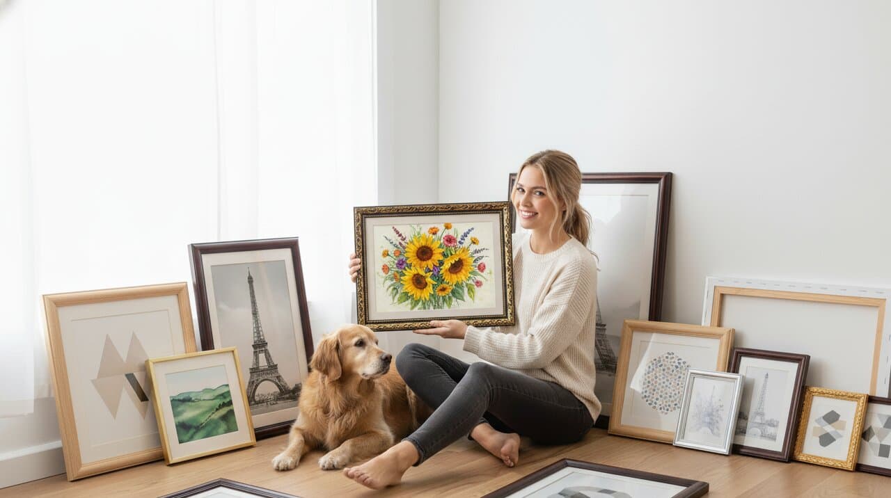 Woman with golden retriever and mixed finish picture frames floor display leaning against white wall featuring Black and Gold Frame with vibrant sunflower field oil painting centerpiece with yellow blooms blue sky and red barn beside various wood finish frames displaying Paris Eiffel Tower photography geometric mountains watercolor landscapes and botanical prints on light wood floor demonstrating versatility of museum-quality ornate gold finish with 1.125 inch moulding and elegant black accent detailing coordinating with natural wood frames for mixed finish displays