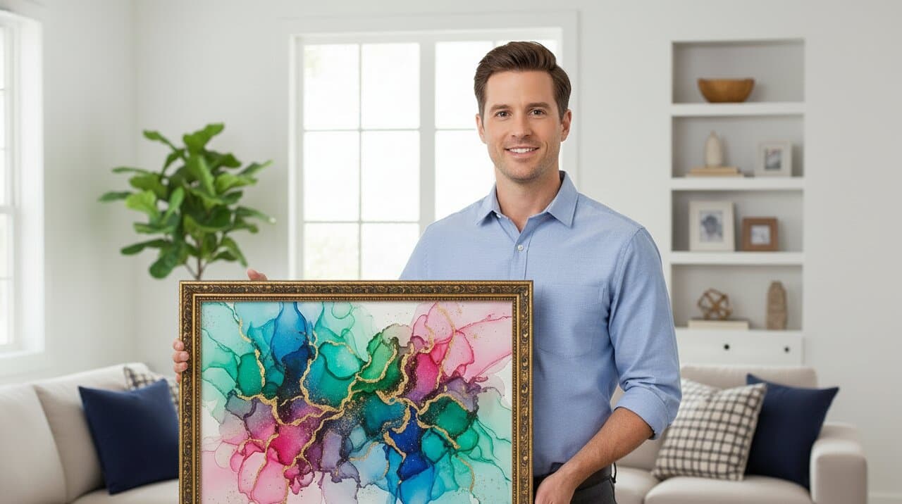 Man in contemporary living room presenting Black and Gold Frame displaying vibrant alcohol ink abstract art with turquoise teal pink magenta purple flowing organic shapes and dramatic gold veining throughout composition in bright modern interior with white built in shelving demonstrating museum-quality ornate gold finish with classical 1.125 inch moulding and intricate black decorative scrollwork ideal for contemporary abstract art modern fluid art and bold statement artwork framing