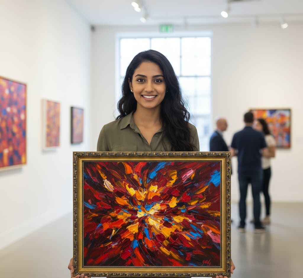 Professional art curator in contemporary gallery presenting Black and Gold Frame displaying bold abstract expressionist painting with explosive deep red crimson orange yellow palette knife brushstrokes dramatic impasto texture and gestural marks creating powerful composition with gallery visitors and colorful modern art demonstrating museum-quality ornate gold finish with elegant 1.125 inch moulding and refined black accent detailing ideal for abstract expressionism and contemporary fine art framing