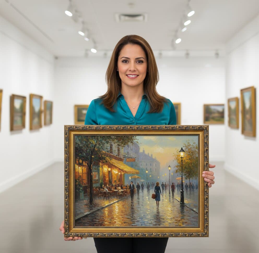 Professional art gallery curator in contemporary white gallery space presenting large Black and Gold Frame displaying atmospheric Parisian evening café scene oil painting with glowing street lamps wet cobblestones outdoor bistro with yellow awnings strolling pedestrians and blue dusk atmosphere with abstract modern art visible in background demonstrating exquisite museum-quality ornate gold finish with classical 1.125 inch moulding and intricate black decorative scrollwork for impressionist Parisian art romantic cityscape and European street scene paintings in professional gallery settings